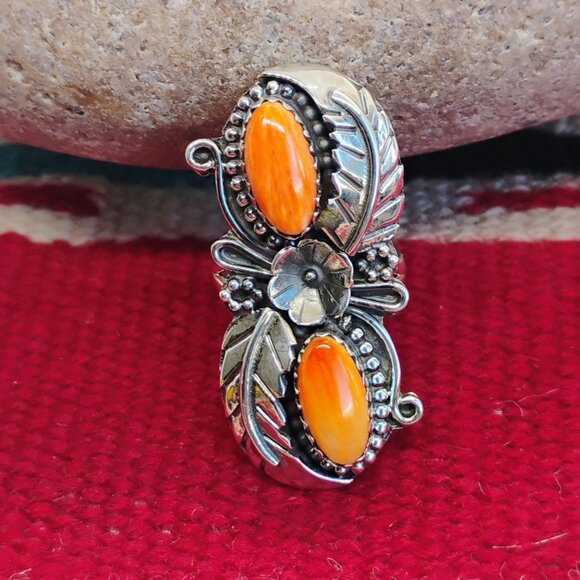 Southwest Sterling Silver Double Orange Spiny Oyster Shell Statement Ring Sz 7.5 - Picture 3 of 7
